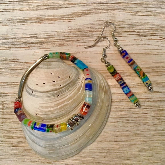 Millefiori Glass bead elephant stretch bracelet/earrings set - Picture 2 of 3